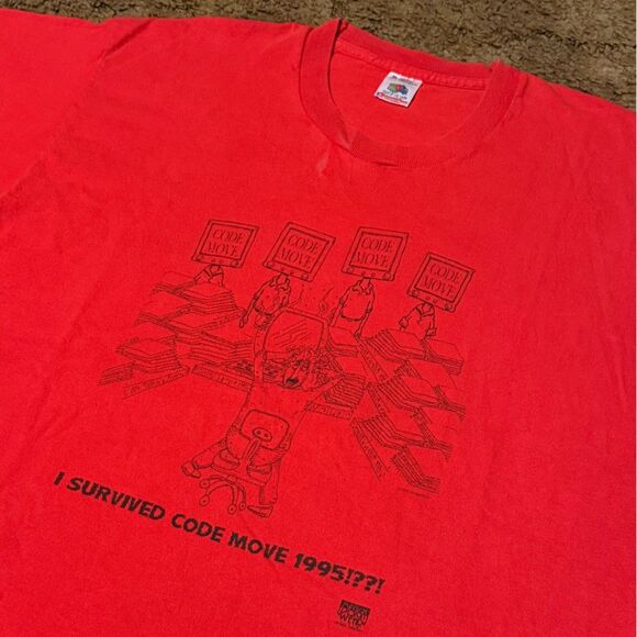 Vintage 90s "I Survived Code Move 1995" Retro Tech T-Shirt Red XLarge - Picture 1 of 8